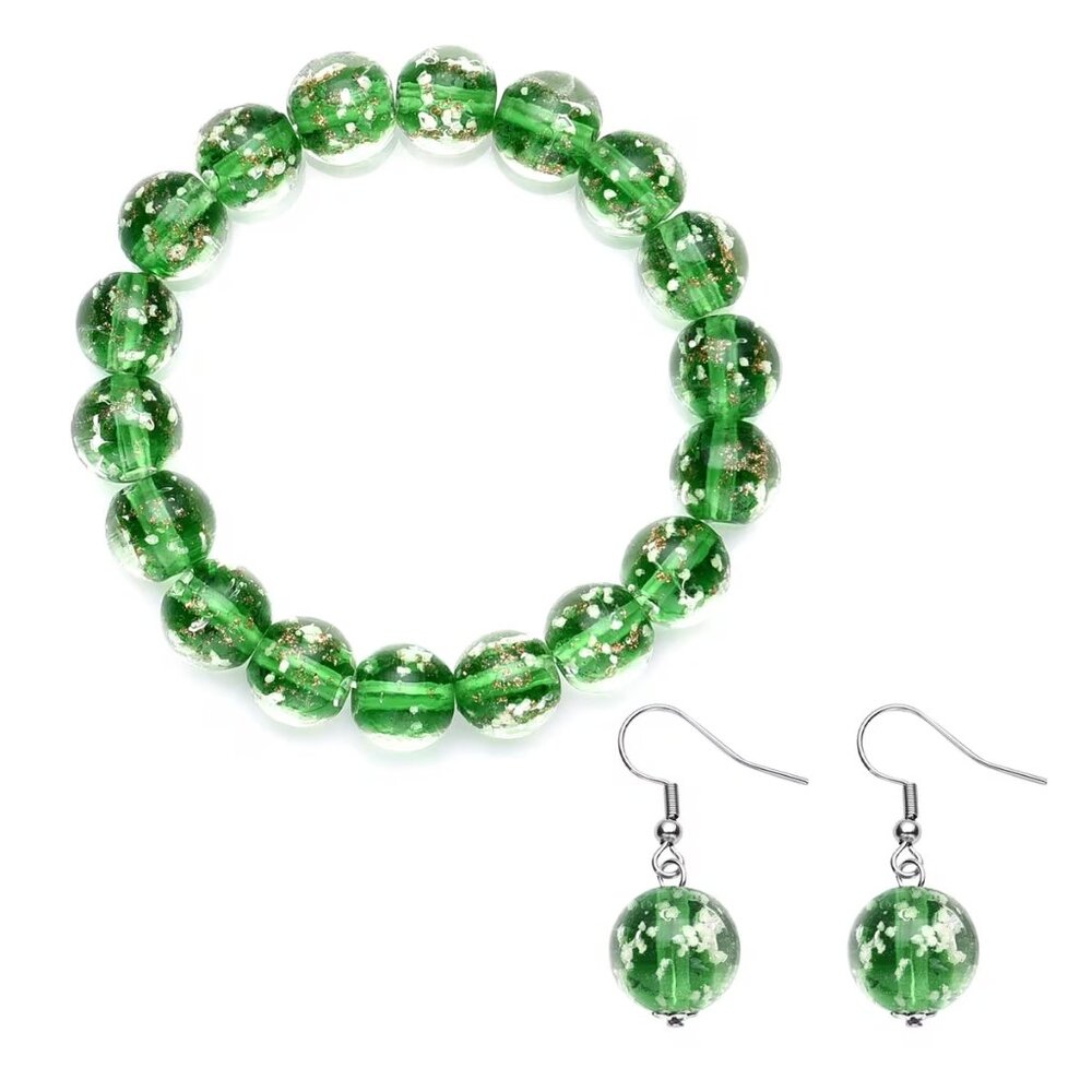 Murano Style Green Color Glass Beaded Stretch Bracelet and Dangle Earring Set